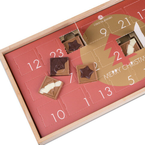 šokoladinis advento kalendorius medinėje dėžutėje, verslo dovana, belgiškas šokoladas